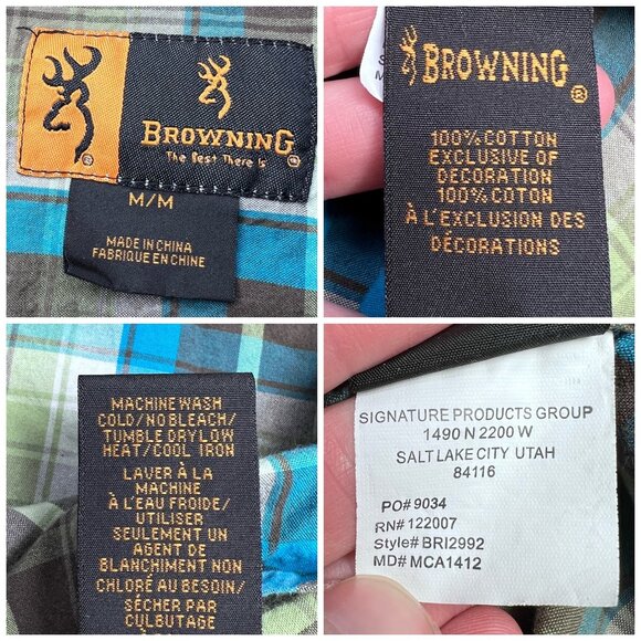 Browning Short Sleeve Western Plaid Shirt Green Blue Brown Snap Size Medium - Picture 3 of 7